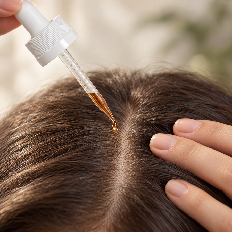 A close-up of a person's dark brown hair parted down the center, with a white dropper applying amber-colored hair oil to the scalp. A hand gently holds the hair in place.