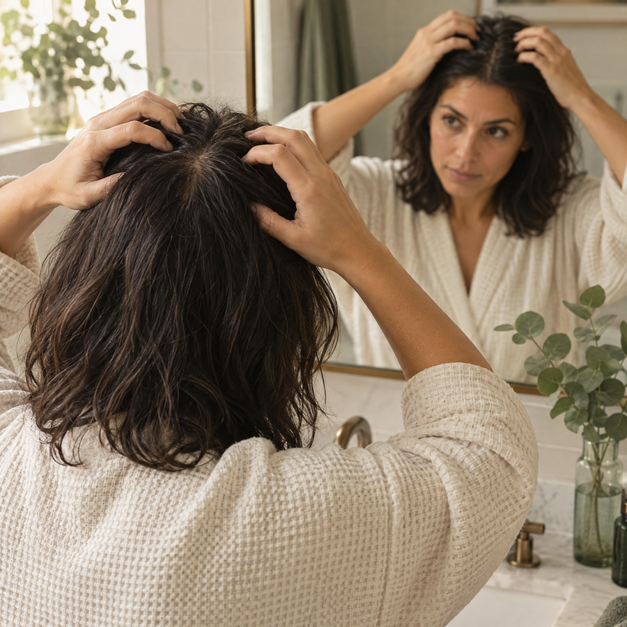 A woman in a textured cream robe stands in a bright bathroom, looking into a mirror while running her hands through her dark brown hair. Her reflection shows the front of her face and the back of her head.
