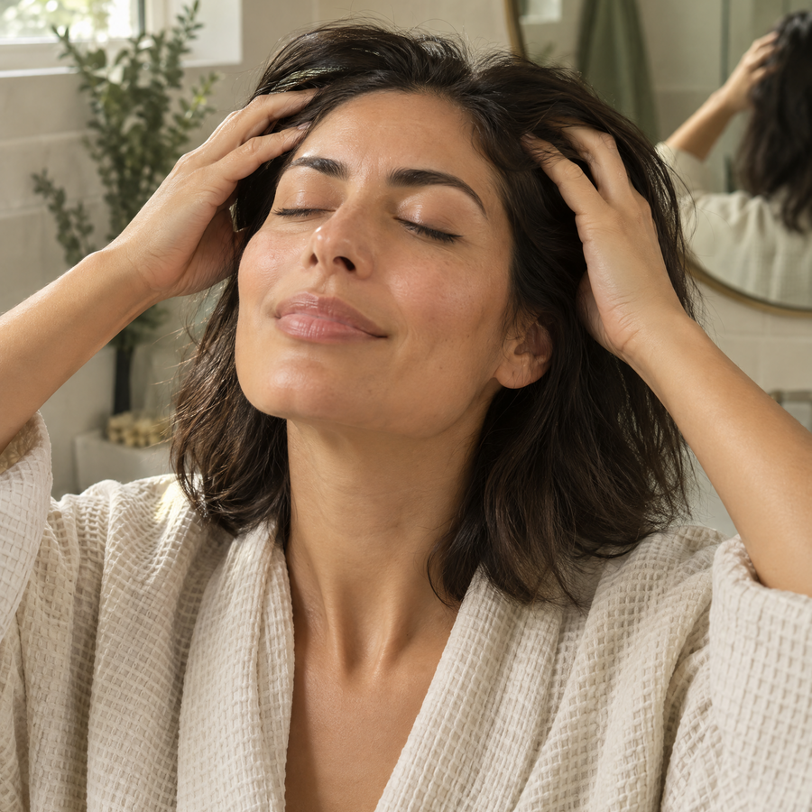 A woman with closed eyes and hands in her hair, wearing a textured cream-colored waffle-knit robe in a bright, modern bathroom setting.