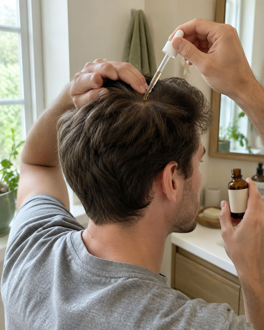 Man applying Manefold peptide hair serum to his scalp with a dropper